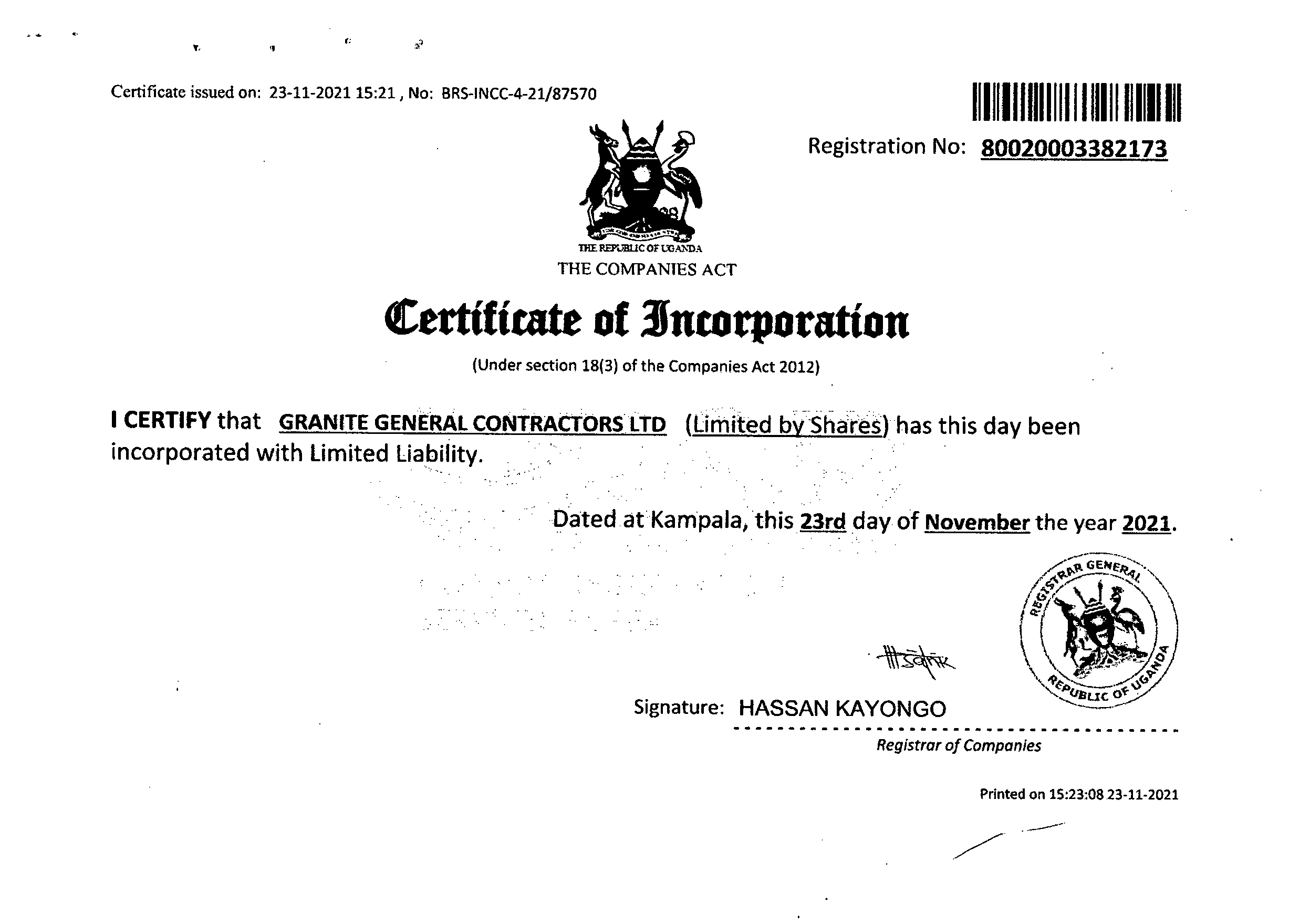 GGCL Certificate of Incorporation