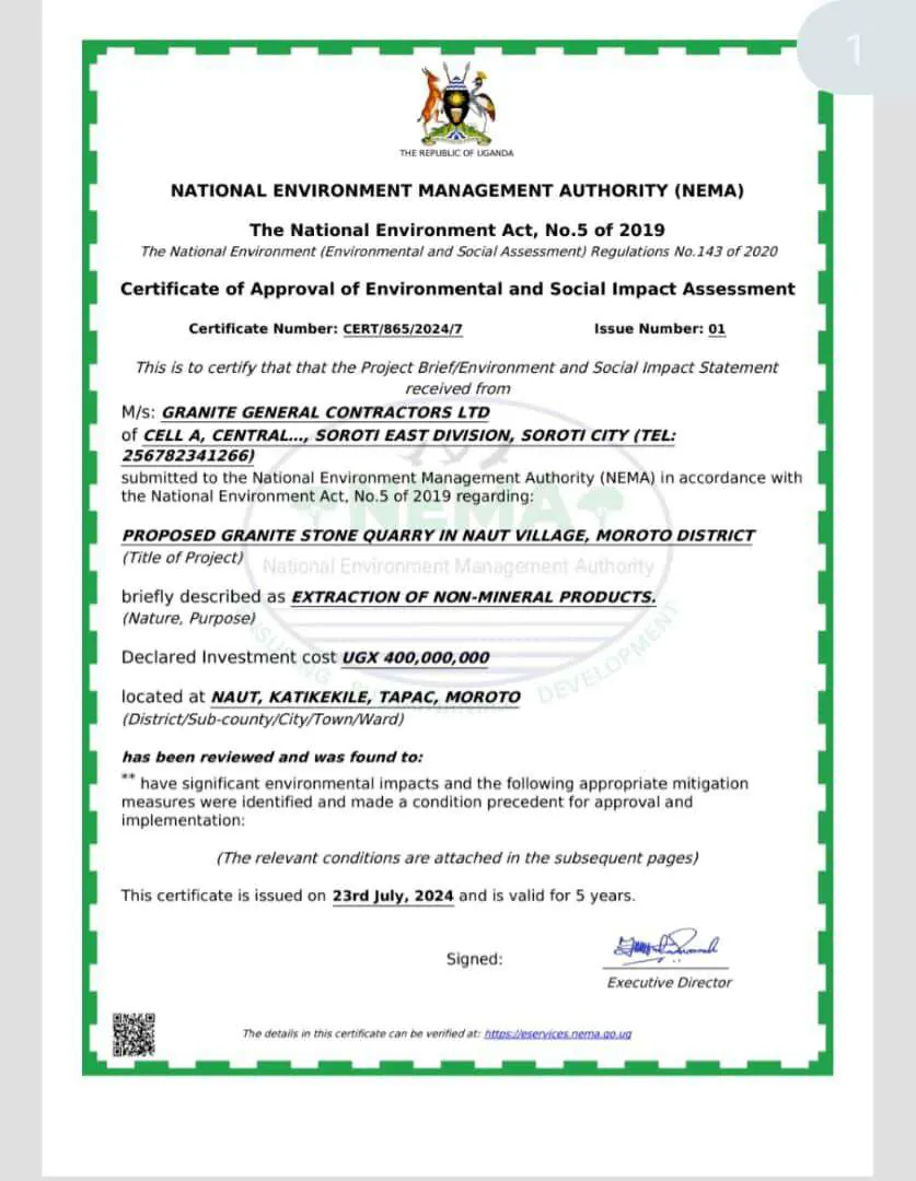 NEMA ESIA certificate for the Nakit quarry, Moroto District