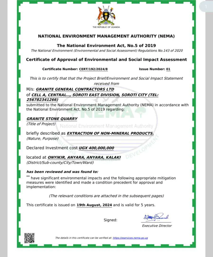 NEMA ESIA certificate for the Onywir quarry, Kalaki District