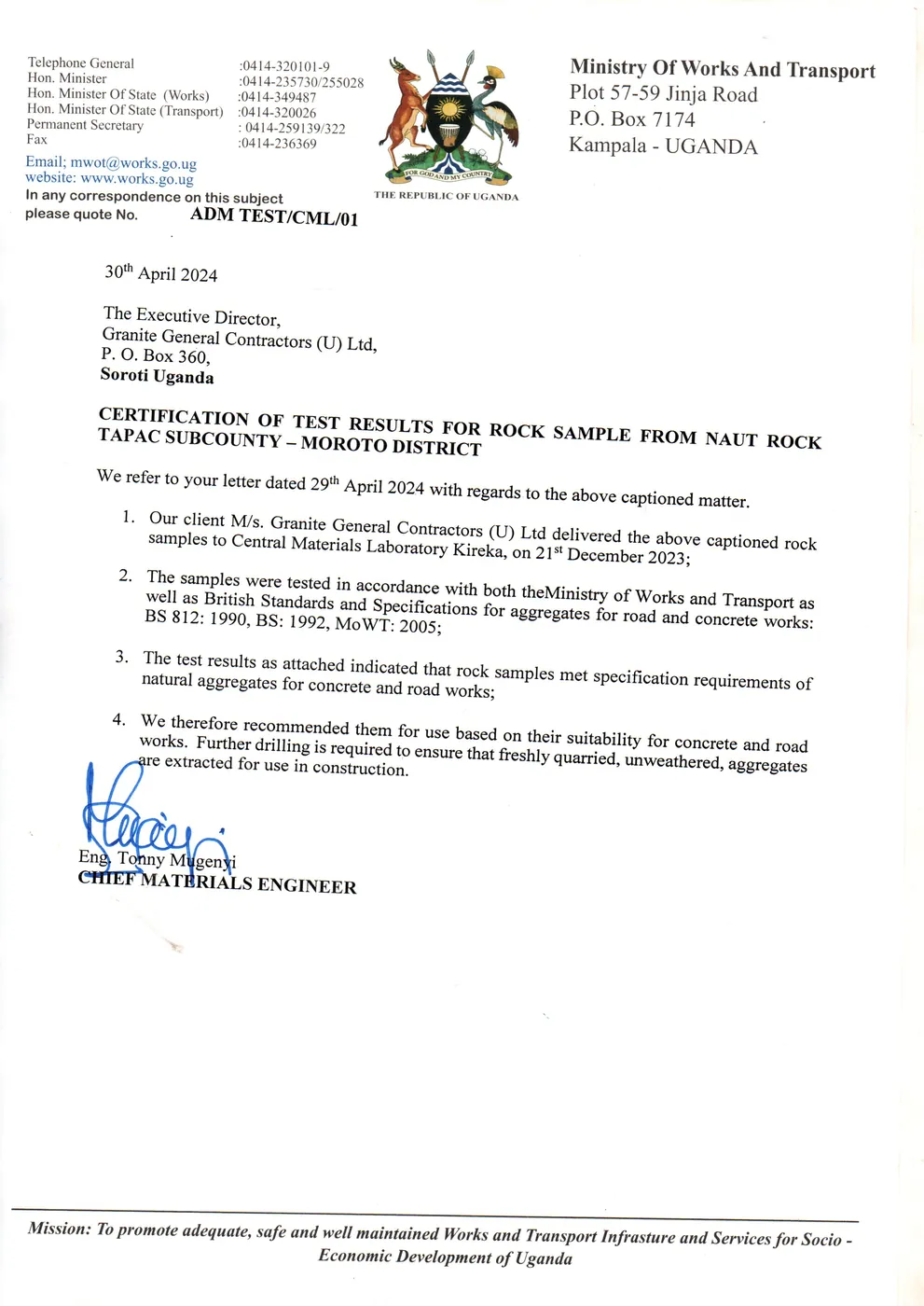 Ministry of Works and Transport rock sample test certification